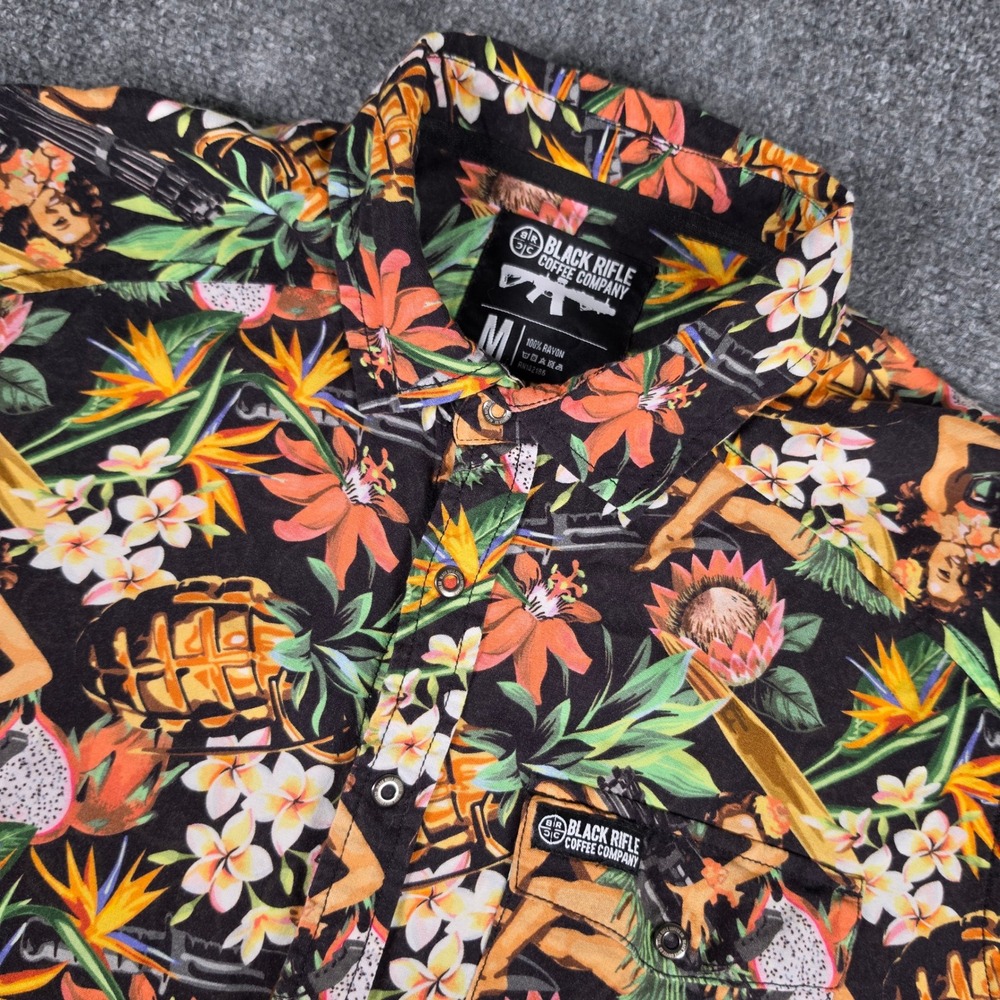 Black Rifle Coffee Company Shirt Mens M Tropical Pinup Minigun Rayon Hawaiian